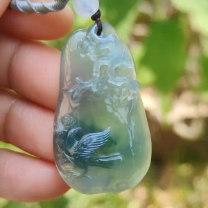 High Premium Quality Icy Green Natural Type A Jadeite Jade Pendant Necklace crafted with bird flower and tree trunk certificate included weigh 11.70 grams measurement 40 * 23 * 6.3 mm (pendant187)