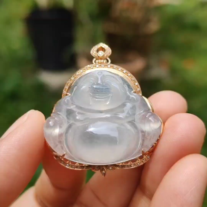 Icy Translucent Natural Type A Jadeite Jade crafted as Milo Buddha set on 18k gold with diamonds as Pendant Necklace certificate included weigh 9.62 grams 37.6 * 33.8 * 10.8 mm (18kp13)