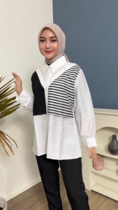 Silvi Kemeja Wanita Pollo Linen kombinasi Salur /Blouse Rompi Korean Style/Kemeja Formal Casual