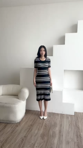 basic id fashion Mini dres lengan pendek / Dres Stripe garis garis wanita korean style / Dres korean bodycon / Dres slit rajut / Dres rajut wanita bodycon