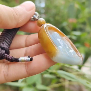 Rare old yellow Natural type A jadeite pendant with certificate carved as buddha seating on lotus weight 26.99 grams 38.20 * 34.20 * 8.80 mm suitable for daily wear (pendant122)
