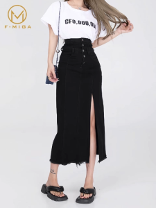 F·MIGA C155 Korean High Waist A-Line 3/4 Denim Rok Jeans Midi Wanita - Hitam