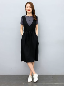 Womens Dresses summer korean temperament thin loose mid-length style fake two-piece strap dress