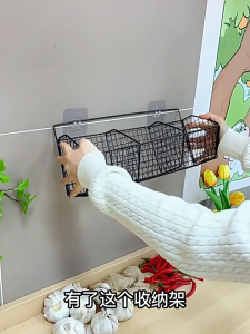 Kitchen Wall Hanging Rack Perforation-free Onion Ginger Garlic Storage Shelf Basket Carbon Steel Bathroom Toilet Bedside Organizer Box with Hooks household kitchen Practical Bathroom