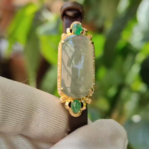 High Premium Quality Natural Type A Jadeite Jade with 3 cabochons set on 18k gold with diamonds as wrist bracelet or pendant certificate weigh 4.39 grams (18kpw4)