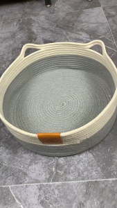 Pet Bed Cat Nest Cotton Rope Hand-Woven Pet Nest Cat Scratch Board Cat Nest Rattan Dog Cat Bed Washable Kennel Summer Cooling Round Basket