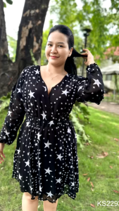 White V Neck Star Pattern Tunic Dress (KS229395-1) - Big Size (50-100kg)