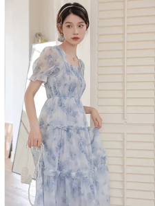 Gaun Panjang Bunga Biru Prancis Musim Panas untuk Wanita Pantai & Pesta