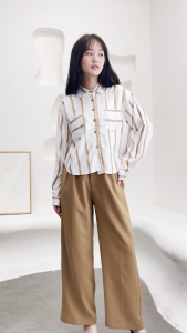 QUEENTIN Kemeja Wanita Crop 0677 Rayon Twill Motif Salur Lengan Panjang