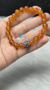-พราว- สร้อยข้อมือหิน Carnelian (คาร์เนเลี่ยน) หินขนาด 8 มม. + ชาร์มพระพิฆเนศเ งิ น แ ท้