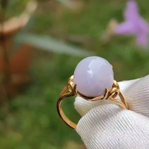 Luxury Fine Lavender Natural Type A Jadeite Jade Cabochon 11.6 * 10 * 5.8 mm Set on 18k Gold as Ring with certificate weigh 3.24 grams finger size 16.8 mm A Lavender that withstand any lights (18kring14)