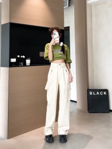 Overall retro berpinggang tinggi untuk wanita celana lurus longgar gaya Korea berpinggang tinggi