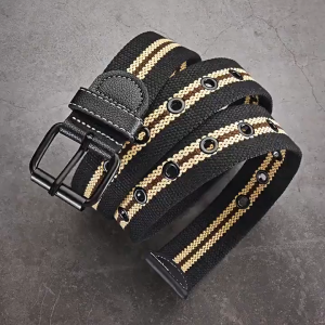 แฟชั่น ความเรียบง่าย สันทนาการ ร้อยชุด ผู้ชาย ผ้าใบ แถบ สีดำ รูเข็ม เข็มขัด