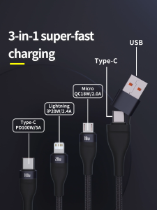 Baseus 3 in 2 USB C Cable PD 100W Super Fast Charging Cable for iPhone 14 13 Pro 12 11 Micro USB Type-C Wire Cord
