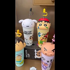 พร้อมส่ง แก้วสแตนเลส ชินจังฝาโดม พร้อมหลอด+ปิดจุก 600ML แก้วเก็บความเย็น แก้วเยติ