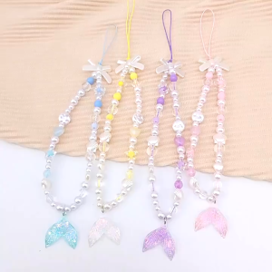 Gantungan Hp Aesthetic Korea Lanyard Manik Mutiara Pearl Pita Mermaid Phone Strap Rantai Lucu
