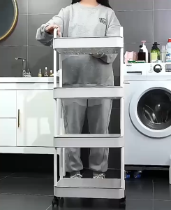 ชั้นวางของรถเข็นพลาสติก พร้อมล้อเลื่อน+ที่จับ เคลื่อนย้ายสะดวก รถเข็นเก็บของ อุปกรณ์จัดเก็บครัวสามชั้น สี่ชั้น