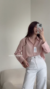 Ziggy Top - Stripe Shirt Kemeja Salur Garis Oversized Crop Shirt Atasan Wanita Lengan Panjang