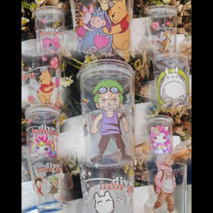450ml Disney Pooh Animation One Piece Unicorn Hello Kitty beauty and beast unicorn Aladdin mermaid Totoro Elsa Frozen Double Layer Glass Milk Cup with Straw Mug with Scale Transparent Graffiti Style Kid Gift Portable Milk Drink Water Bottle