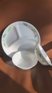 Corelle USA - Green Leaf - Combo 02 Tô Chẹc + 01 Dĩa 3 Ngăn