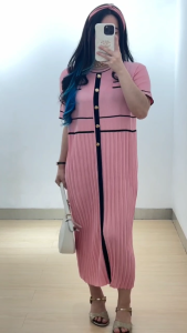 6045 Meryl Button Pleated Knit Maxi Dress Wanita Kasual