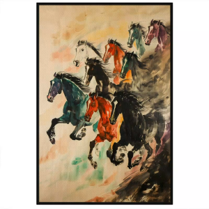 Tranh thủy mặc phong thủy mã đáo thành công 9 con ngựa tranh treo tường dán tường phòng kháchquán cafe.CGI-686