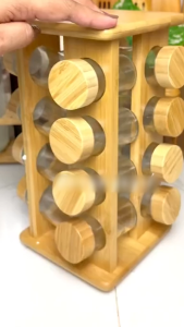 【Free stickers】 Rotatable 136° Bamboo Spice Rack Glass Bottle Wooden Organizer Kitchen Condiments Storage Aesthetic Nordic Home