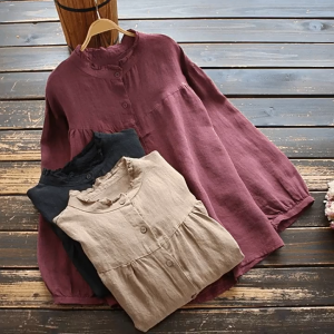 Women Long Sleeve Blouse Loose Fit Ruffle Crew Neck Linen Korea Casual Work Baju Perempuan 女生长袖宽松衬衫