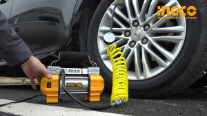 INGCO ปั๊มลมมินิ 12 โวลต์ 18 แอมป์ รุ่น AAC2508 แรงดันลมสูงสุด 120 PSI (8 บาร์) ปริมาณลมสูงสุด 45 ลิตร/นาที ใช้งานต่อเนื่อง 15 นาที เหมาะสำหรับสูบยางรถยนต์