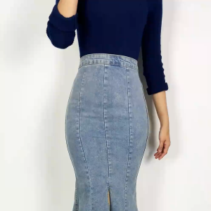 Rok Panjang Wanita Highwaist Melar Kekinian/Rok Jeans Women Model Span Duyung HW/Skirt Denim Pinggang Tinggi Style SM P635