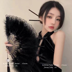 Kipas Souvenir Kipas Party Lolita Kipas Lipat Bulu Gaya Gothic Bahan Lace Bulu Jepang Gadis Peri