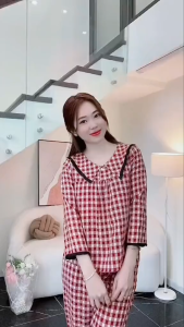 (Bunnysky) Đồ bộ mặc nhà nữ vừa đẹp vừa sang quần áo mẫu thiết kế cổ nhọn tiểu thư mặc nhà