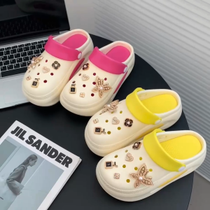 JM-GLP รองเท้าหัวโตแฟชั่น แถมตัวติดดอกไม้ ส้นสูง6-7 เซน รองเท้าหัวโตผู้หญิง สวมรัดส้น วัสดุ EVA พื้นรองเท้าถอดได้