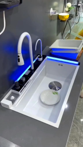 Kitchen Sink Stainless Steel Black White Sink Digital Display Waterfall Large Single Sink Nano Honeycomb Home Slot Integrated Faucet Set