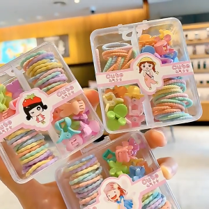 LD-C1122 Karet Jepit Box Gift Set 4 Sekat Colorfull Aksesoris Rambut Anak Perempuan Jepitan Karakter