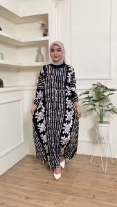 (COD) GAMIS ALIRA HITAM PUTIH BUNGA BATIK CAP PREMIUM