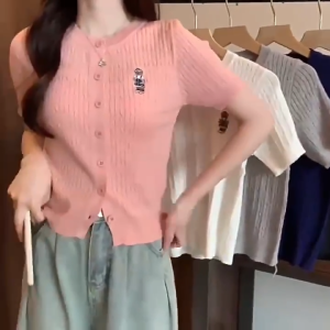 ⚡Port⚡ blouses women new style 2025 Short Sleeved Sweater Coat Women Round Neck Knitted Cardigan Summer Slim Fit Short Top