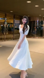 Korean midi white dress for civil wedding long dress formal dress plus size dress elegant dress for women graduation dress