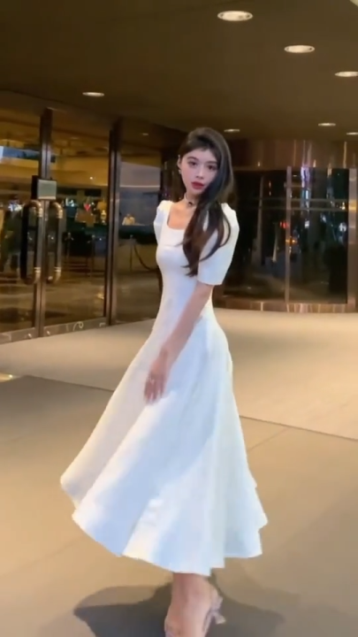 Korean midi white dress for civil wedding long dress formal dress