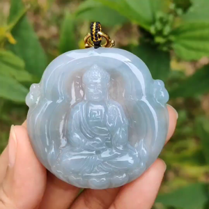 Semi Icy Bluish Green Hue Natural Type A Jadeite Pendant Crafted as Buddha with certificate included weigh 26.65 grams 48.3 * 48.9 * 7 mm suitable for daily wear