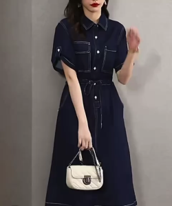 NANDO TERUSAN DRESS WANITA KOREAN STYLE LENGAN LIPAT KANCING PINGGANG BELT PITA DENIM PREMIUM