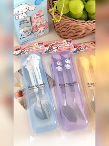 Sanrio Stainless Steel Tableware Set Cute Kuromi My Melody Hello Kitty Cinnamoroll Fork Spoon Set With Portable Box Student Cutlery