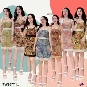 TW20771 เดรสผ้าลูกทอ แขนผูกโบว์ แต่งลูกไม้ ..