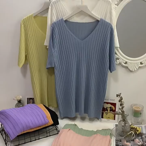 Women Knitwear V Neck Crop Top Slim Fit Short Sleeve Knitted Elastic Basic Shirt Office T-056