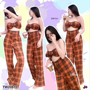 TW20810 set 2 ชิ้น เสื้อเกาะอก + กางเกงขายาว ลายสก็อต ..