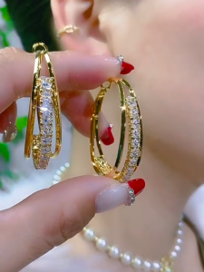 18k gold pawnable saudi gold original three-tiered zircon hoop earrings for women gift