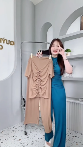 Bộ Nữ Thun TĂM NHÍ Quần Suông + Áo Nhún FORM ÔM Tay Ngắn