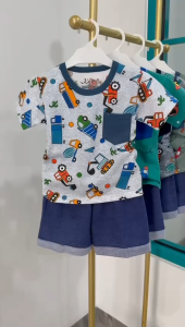 Setelan Kaos Anak Laki-Laki Usia 0-5 Tahun Full Print Saku Celana Denim