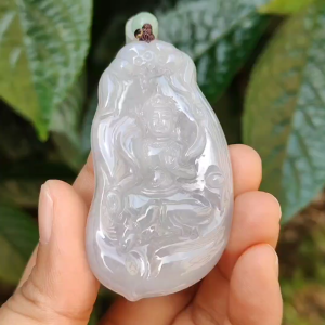 Semi Icy Rare Old School Natural Type A Jadeite Jade Pendant Necklace crafted as Manjushri Bodhisattva without Mount with certificate weigh 25.28 grams 58 * 33.2 * 7.3 mm (pendant167)