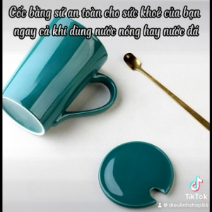 Cốc Sứ Cao Cấp Lucky Xanh – Có Nắp & Thìa Hộp Quà Tặng – Dung Tích 450ml Giữ Nhiệt Tốt Dieulinhshop